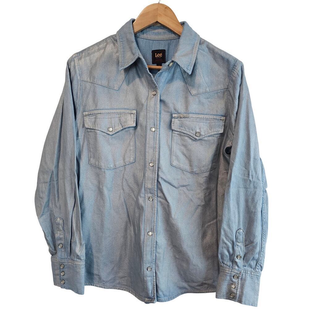 Lee Denim Blouse Womens Med Western Rodeo Pearl Snap Boho Shimmer Glam Festival